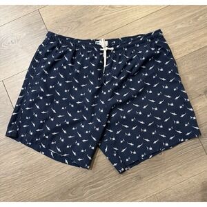 Bermies Mens Size L Swim Trunks Swimsuit Navy Blue All Over Shark Print AOP